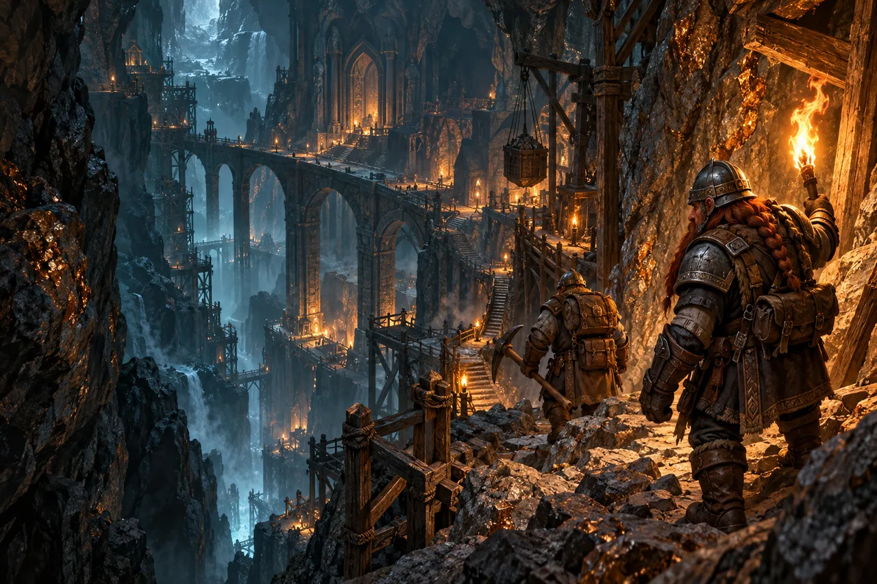 World concept art: two dwarven explorers carry a torch and pickaxe through a vast ancient mine, among stone arches and warm-lit ore seams.