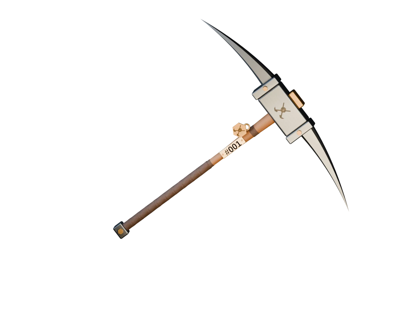 Actual Founder Pickaxe model render: a long leather-wrapped wooden handle, broad steel head, bronze fittings, identifying plate and medallion, lit with warm and cool light.