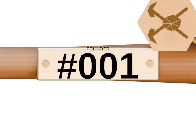 Close-up render of the actual model’s bronze identifying plate, marked FOUNDER #001.