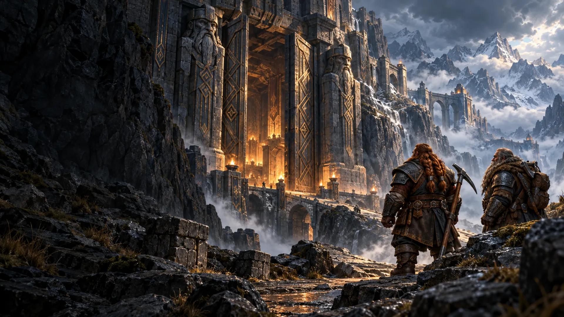 World concept art: armored dwarven adventurers approach immense bronze and stone mountain gates, with warm light spilling into a misty valley.